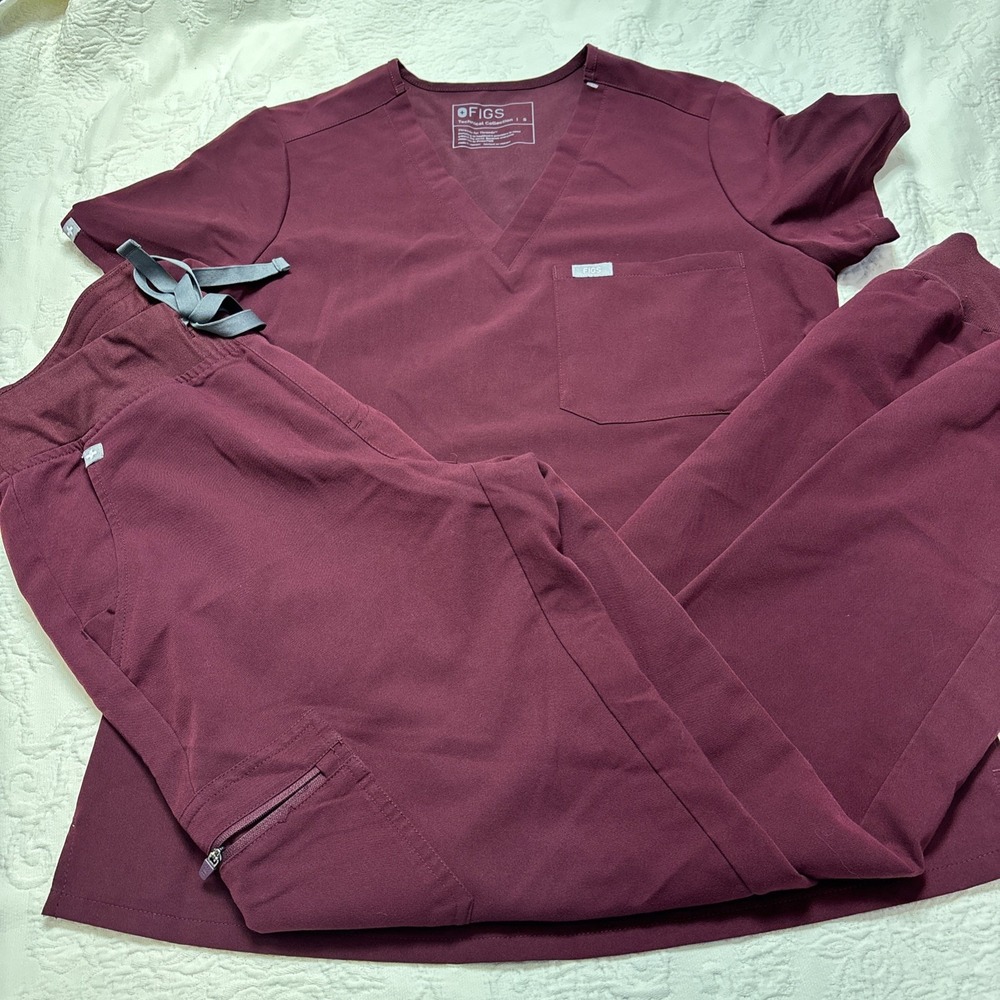FIGS Women's Burgundy Catarina Scrub Top & Pants Set, Solid Knit, Size S